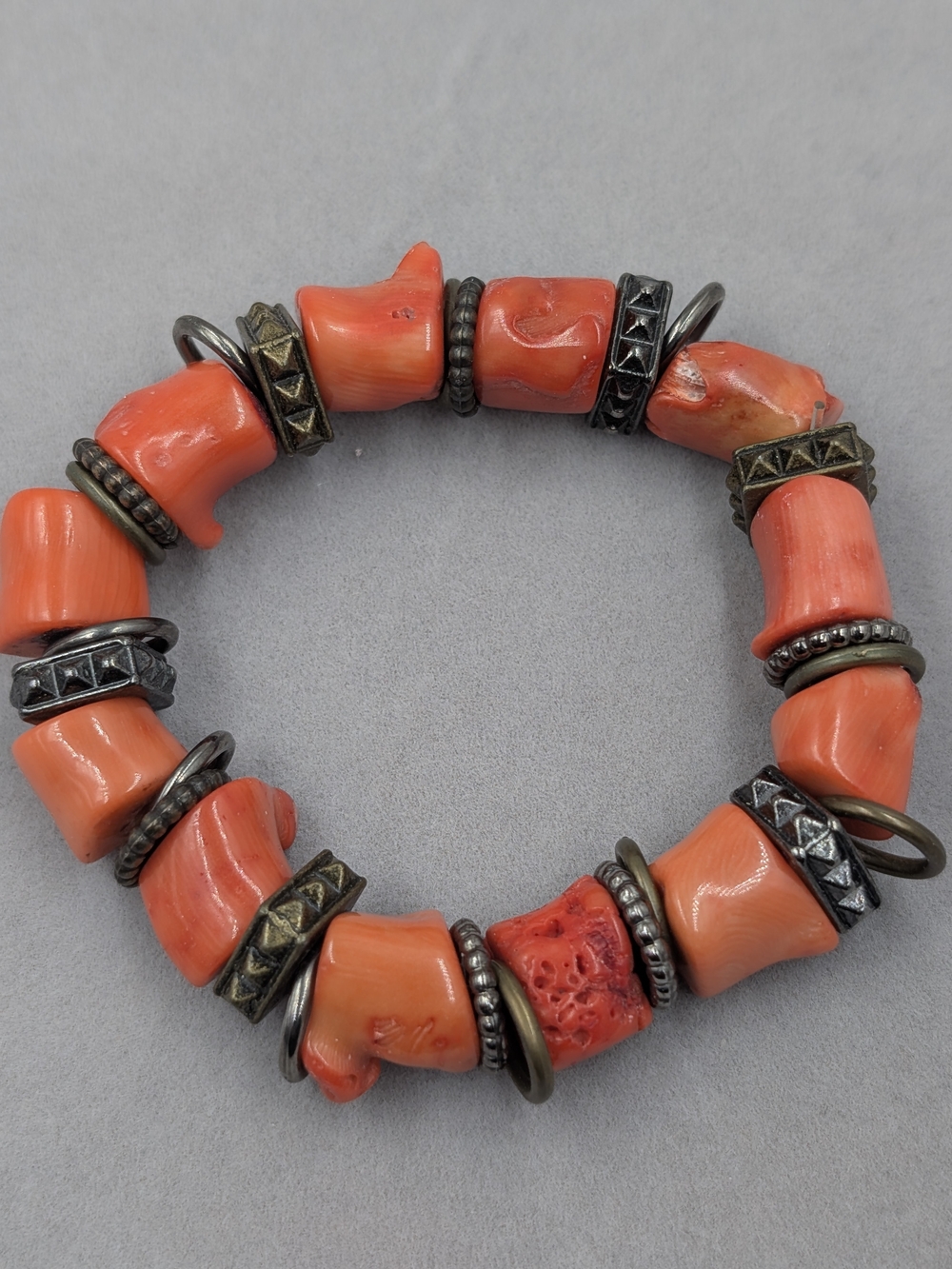 Natural Peach Coral Branch Chunky Statement Beaded Stretch Bracelet 0719